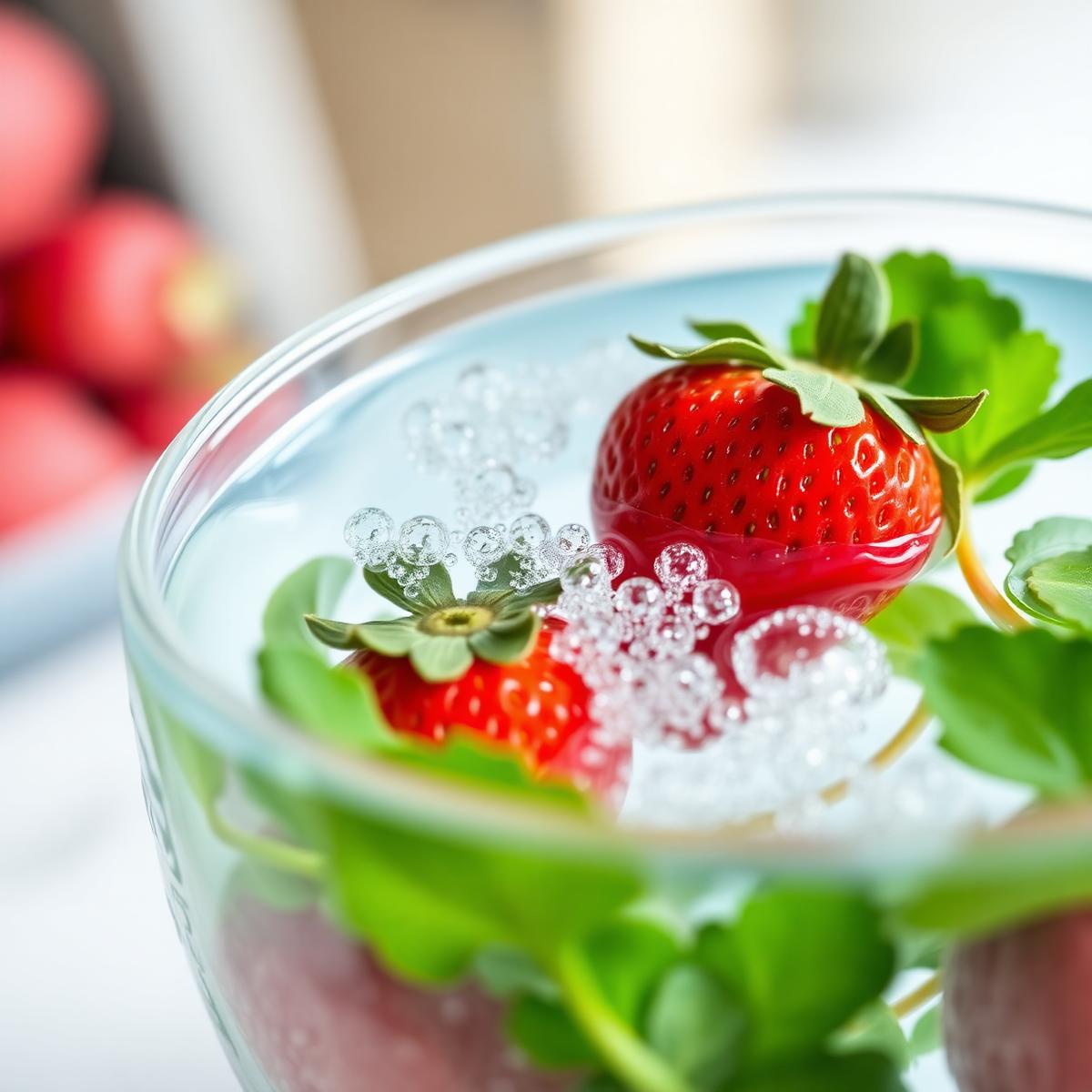 Oxygen microbubbles cleaning strawberries in water